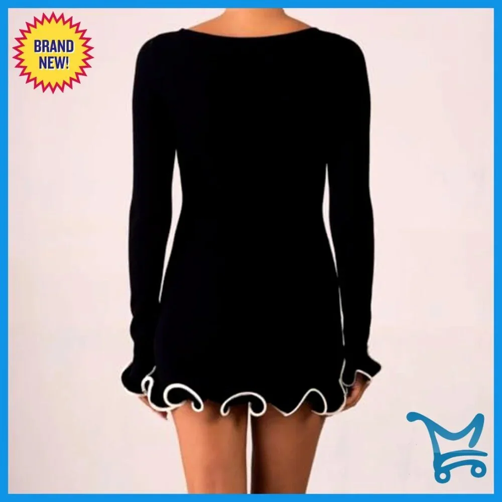 Ruffle Hem Knit Mini Dress Long Sleeve Bodycon Chic Elegant Fall Winter - Picture 5 of 7